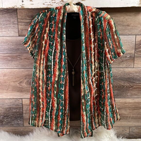 NOTATIONS Womens Brown Tank Top Boho Open-Front Blouse with Necklace Suze PS - Picture 2 of 10